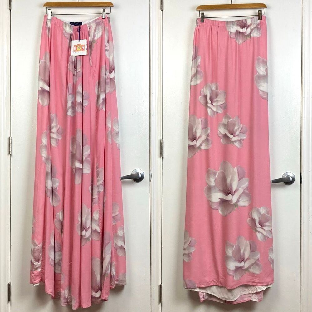 Katie Kime NWT Magnolia Sunset Pink White Floral Maxi Skirt‎ Elastic Waist sz S